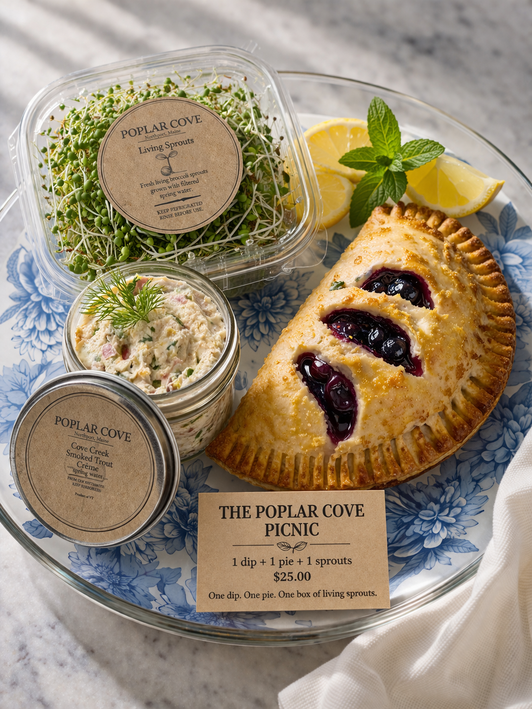 The Poplar Cove Picnic — smoked trout crème, hand-crimped pie, and living sprouts