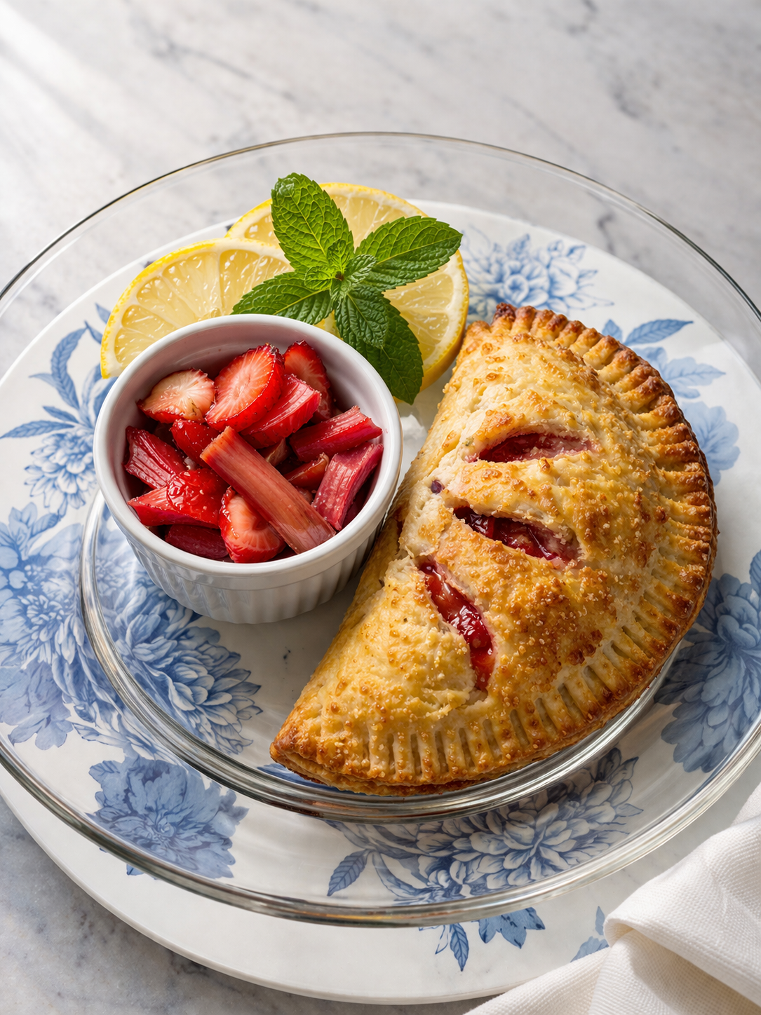 Snake River Strawberry Rhubarb Pie with fresh strawberries, rhubarb, and mint
